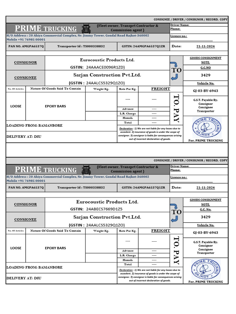 Goods Consignment Note Template | PDF | Transport | Vehicles