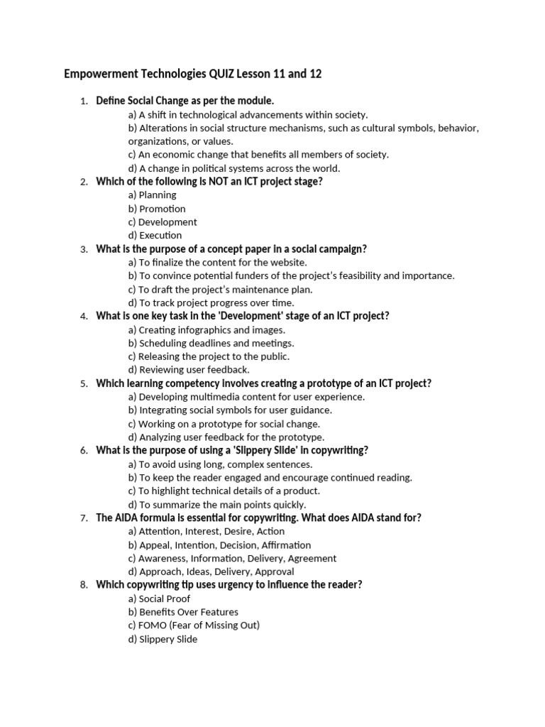 Empowerment Tech Quiz: Lessons 11-12 | PDF | Copywriting | Educational ...