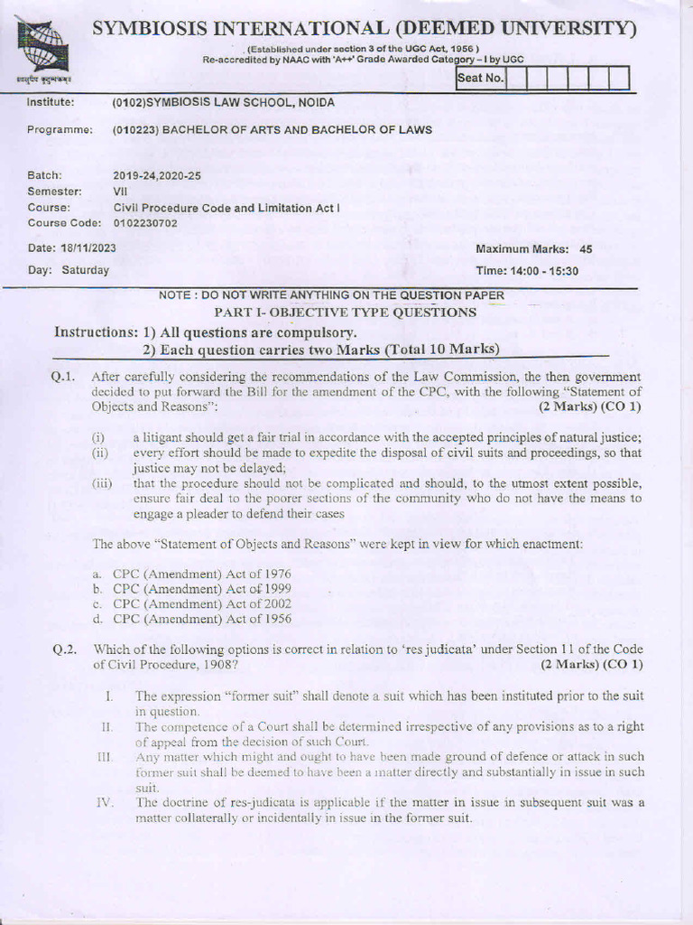 Civil Procedure Code & Limitation Act - I (2024) | PDF