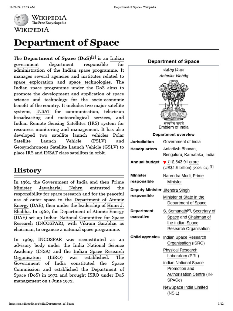 Overview of India's Department of Space | PDF | Space Exploration ...
