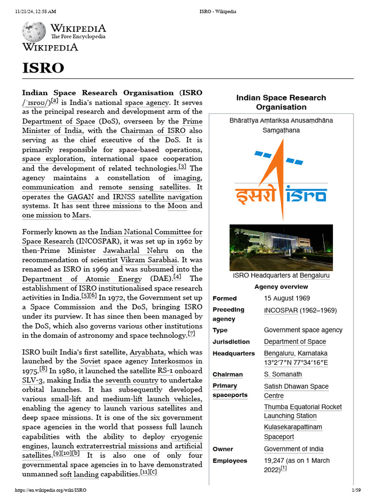 ISRO - Wikipedia | PDF | Satellite | Spacecraft