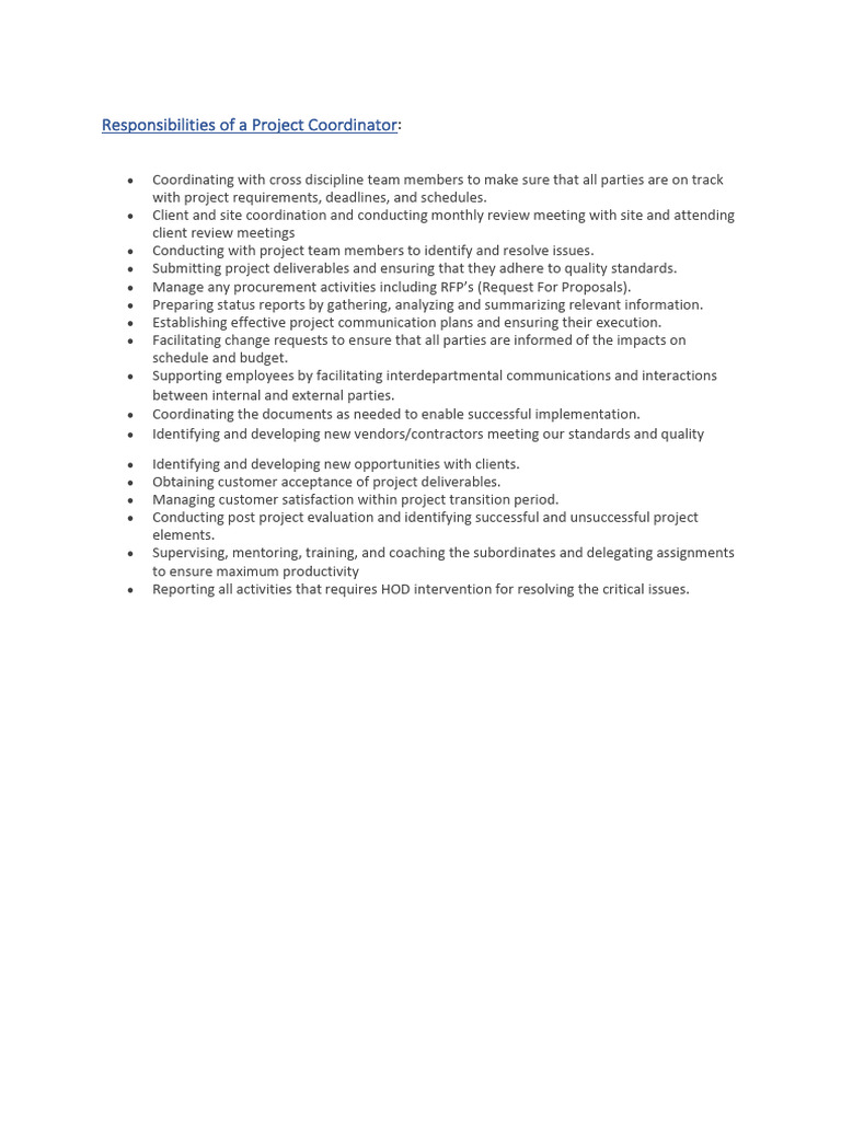 Project Coordinator Responsibilities Guide | PDF