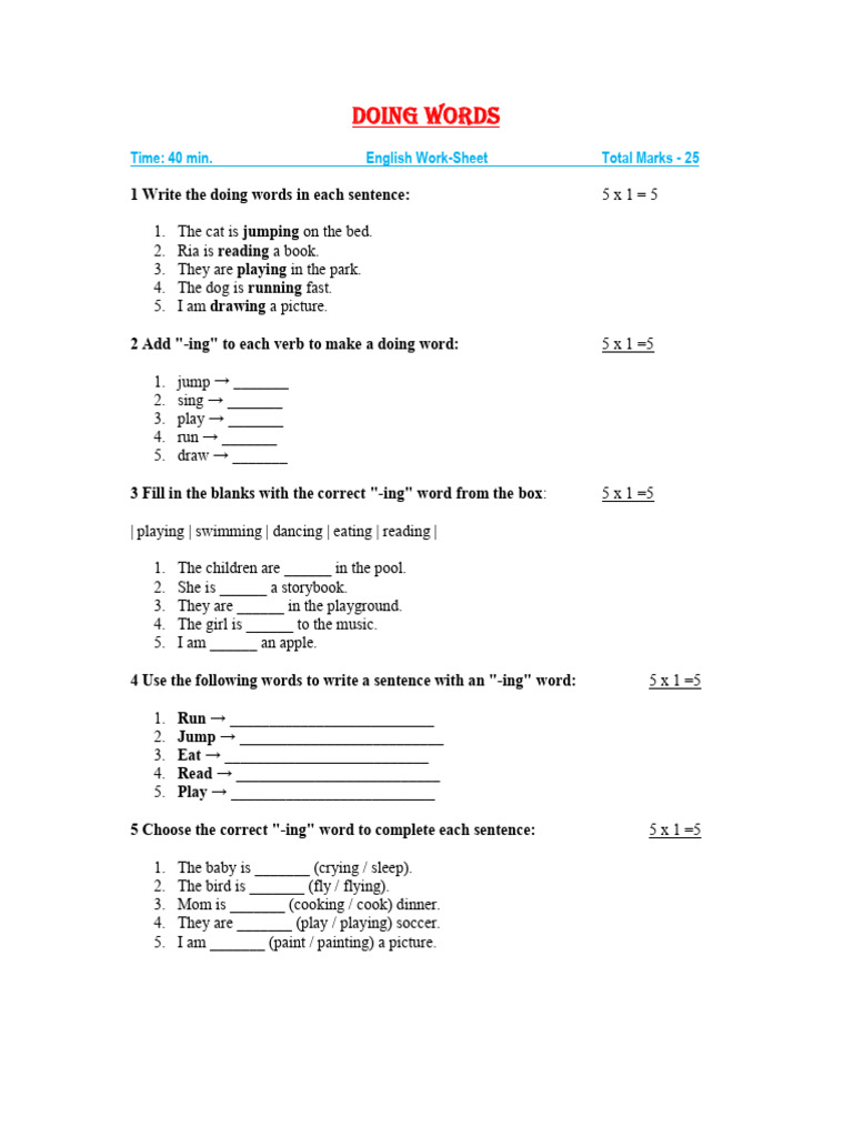 Doing Words Worksheet for Class 1 | PDF