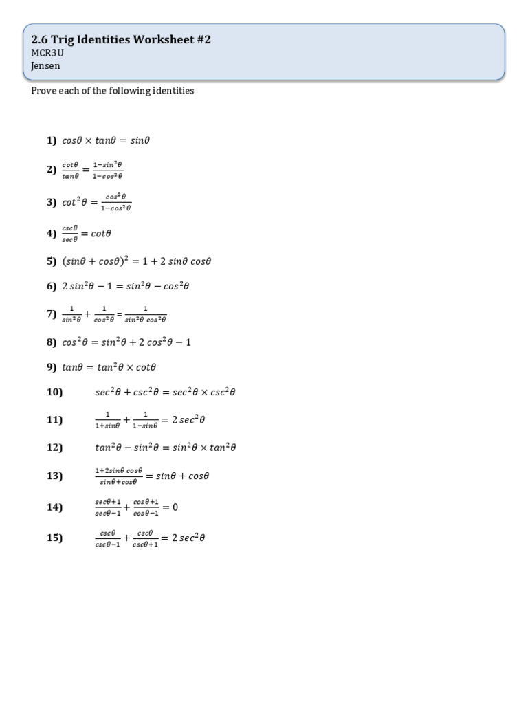 Trig Identities Practice Sheet | PDF
