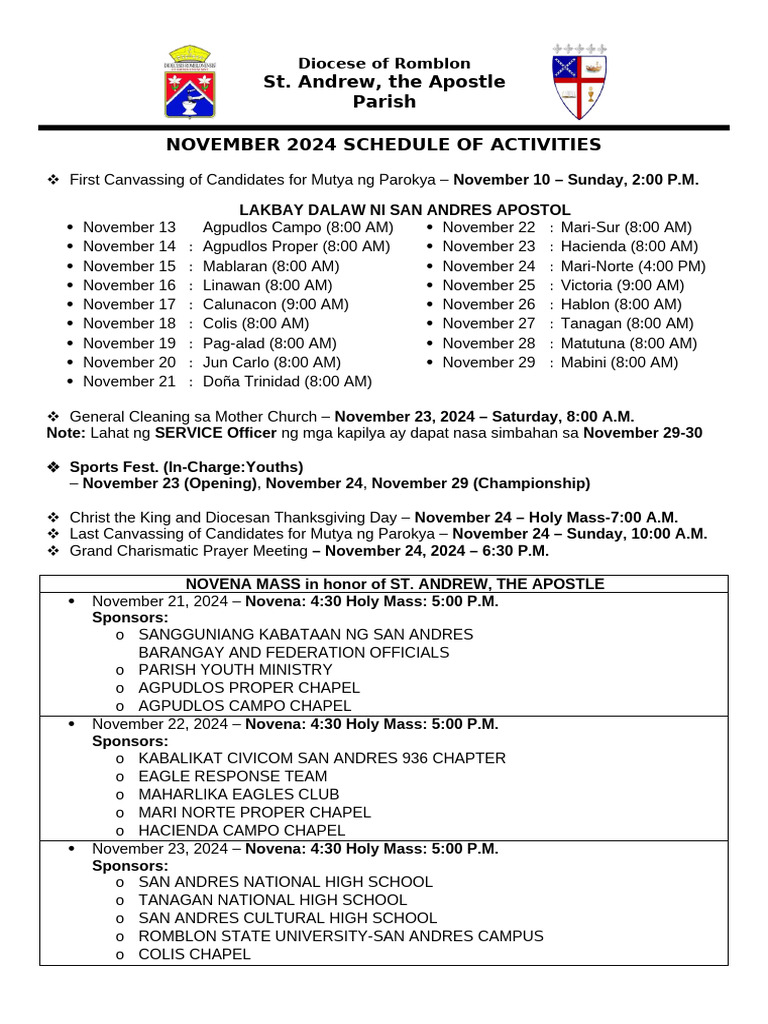 November Church Activities Schedule | PDF | Catholic Church | Catholic ...