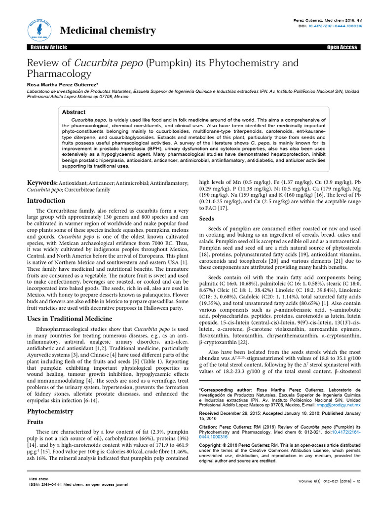 Review of Cucurbita Pepo Pumpkin Its Phytochemistry Andpharmacology ...