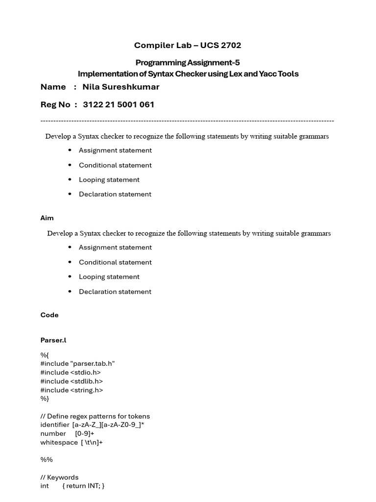Syntax Checker with Lex and Yacc | PDF | Computing | Grammar