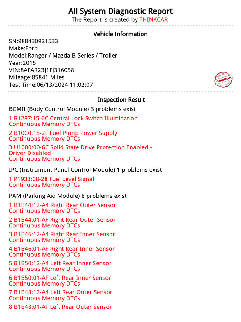 Ford Ranger Diagnostic Report Summary | PDF