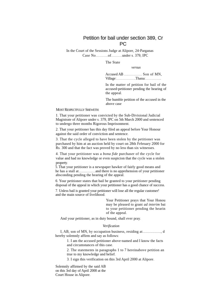 Bail Petition Under Section 389 CrPC | PDF | Bail | Magistrate