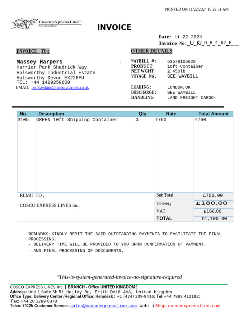 Invoice Cosco GB - Eu1425 | PDF
