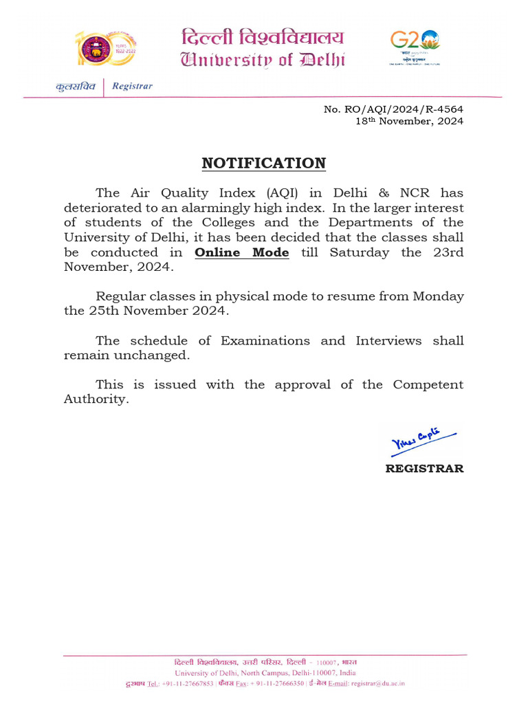 Notification - Classes in Online Mode Till 23.11.2024 | PDF