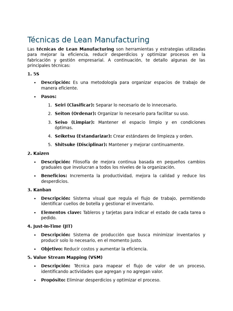 Tecnicas de Lean Manufacturing | PDF | Lean Manufacturing | Procesos de ...