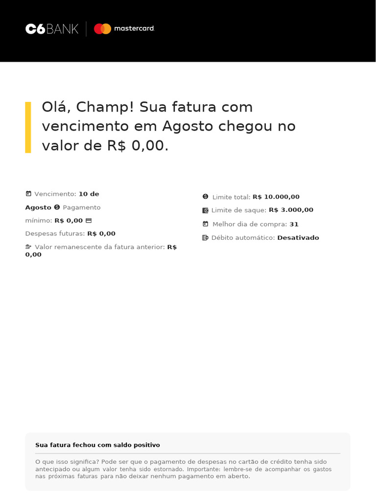 Fatura C6 Bank - Agosto 2023 | PDF | Finanças e Administração de Capital