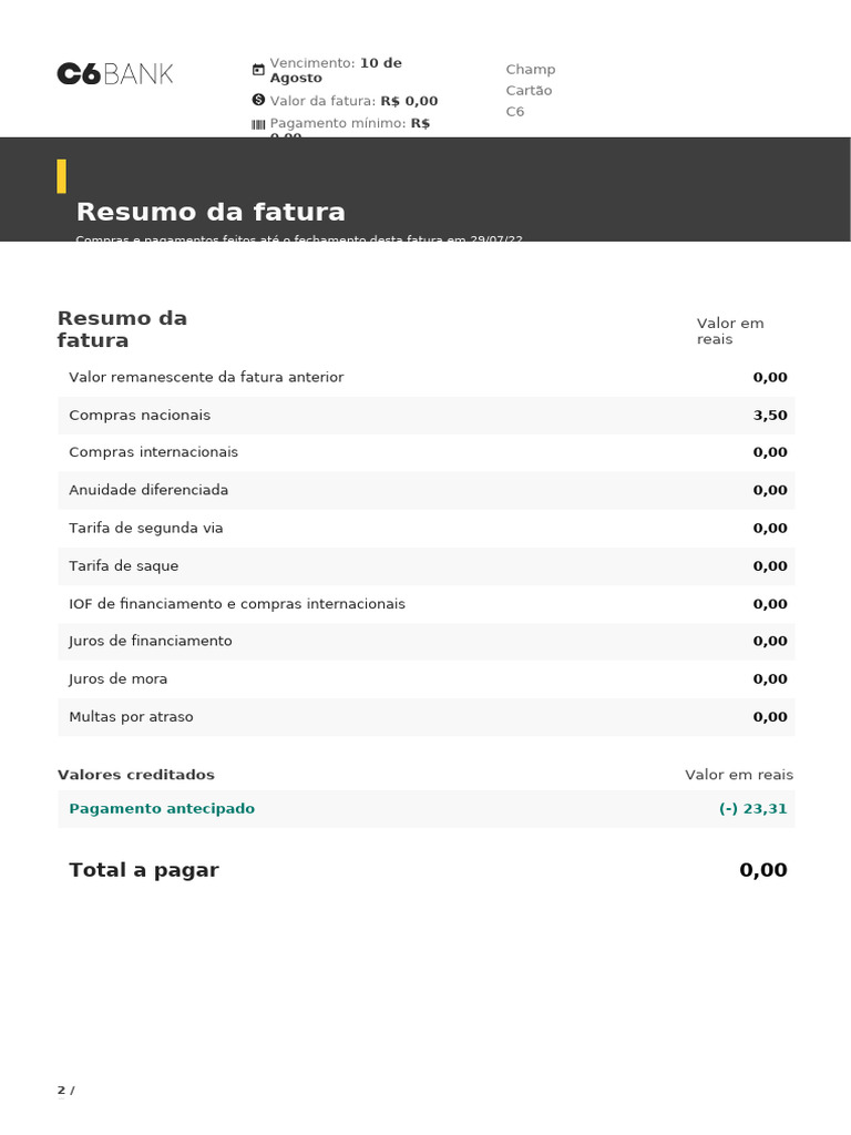 Fatura do Cartão C6 - Agosto 2022 | PDF