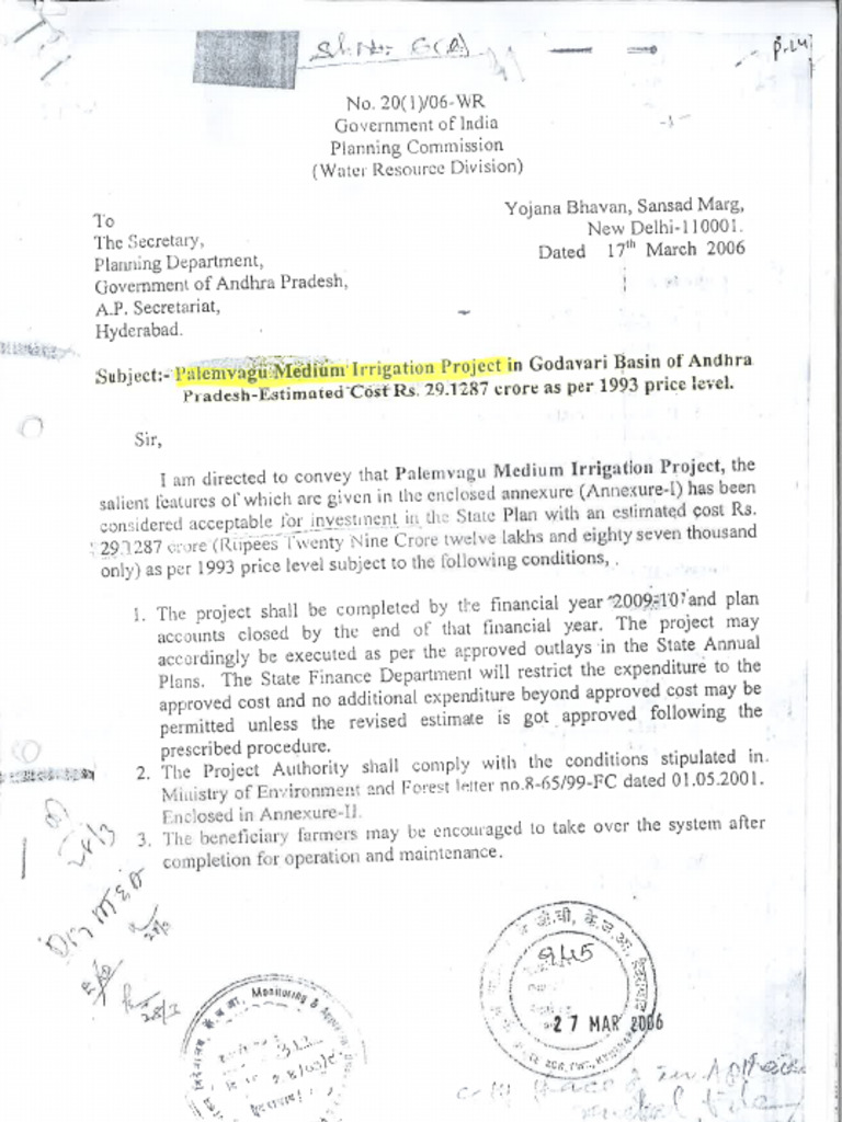 AIBP Palemvagu Acceptance Letter CWC Dt.17.03.2006 | PDF