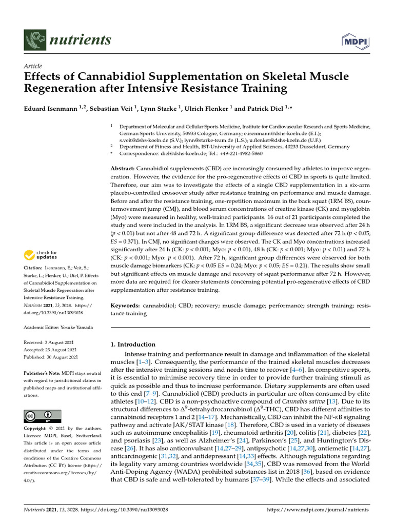 Effects of Cannabidiol Supplementation On Skeletal Muscle Regeneration ...