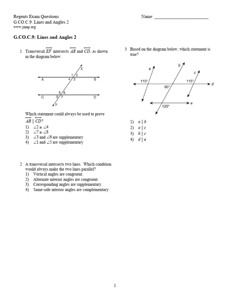 Regents Exam: Lines and Angles Solutions | PDF | Classical Geometry ...