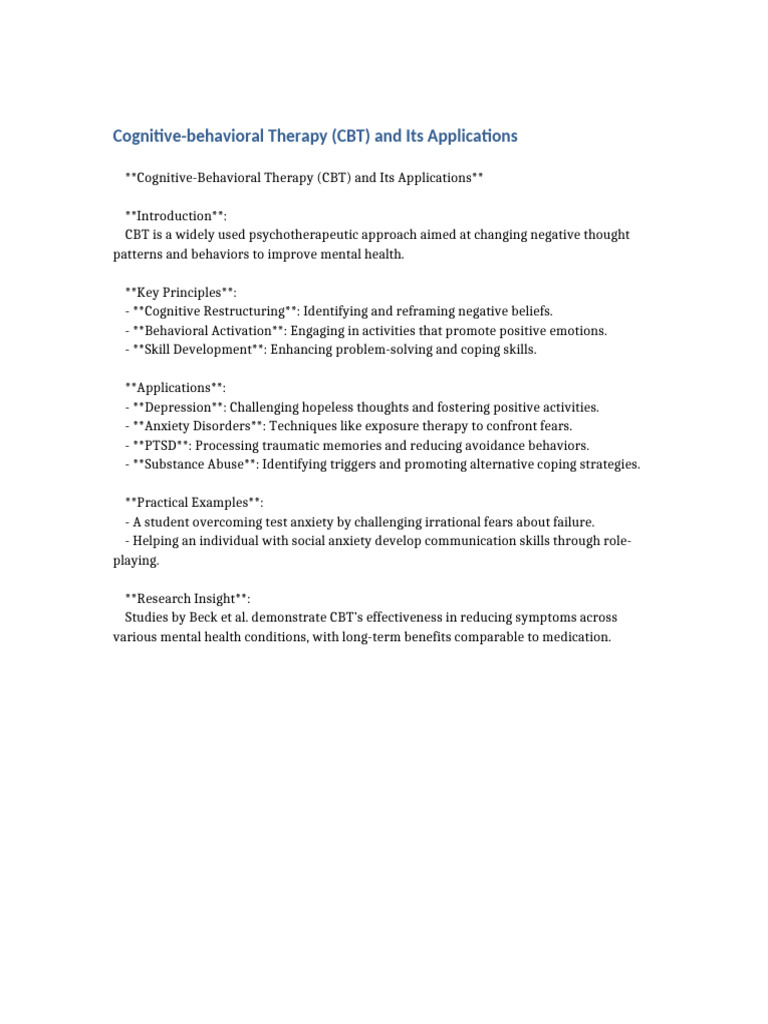 Cognitive-behavioral Therapy (CBT) and Its Applications | PDF