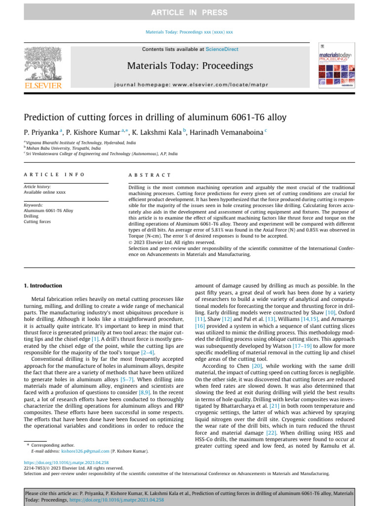 Cutting Forces in Drilling Aluminum 6061-T6 | PDF | Drilling | Drill