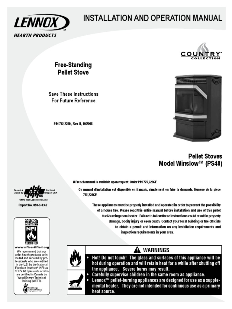 Lennox Pellet Stove Country Model | PDF | Stove | Chimney
