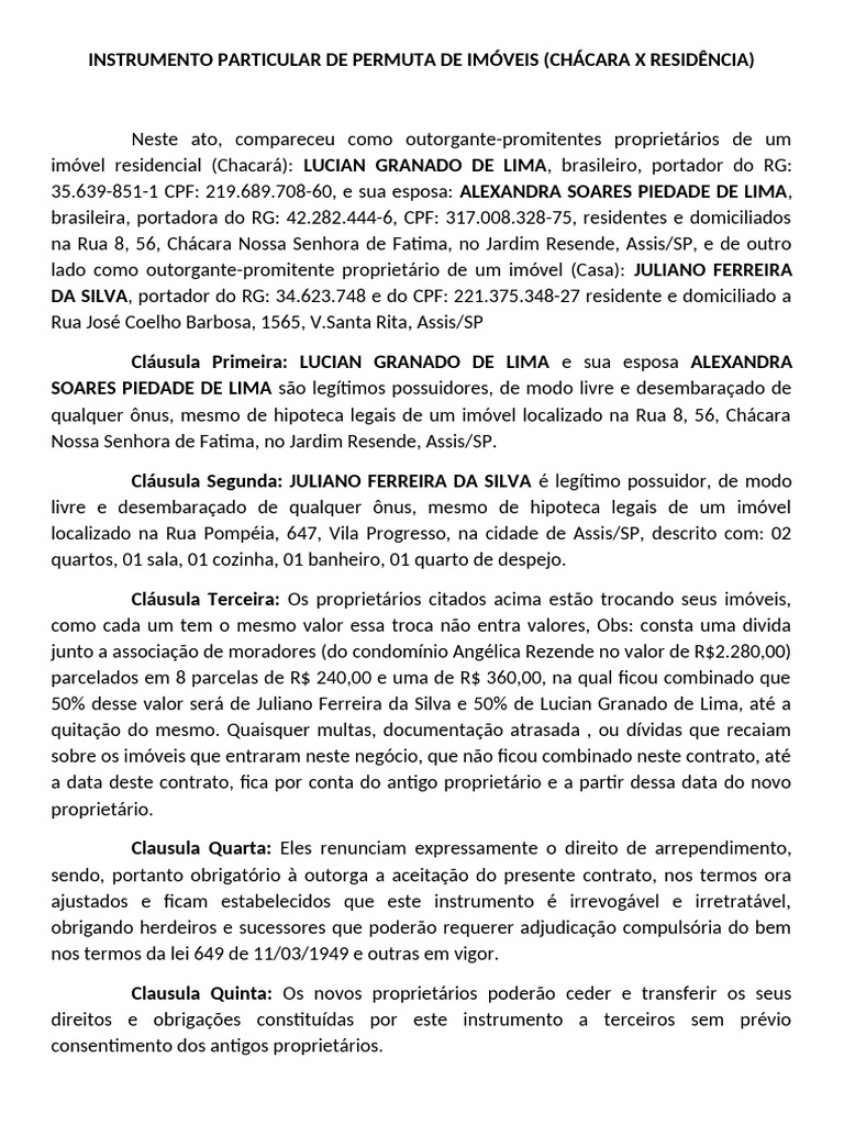 Permuta de Imóveis: Chácara e Residência | PDF | Propriedade privada ...