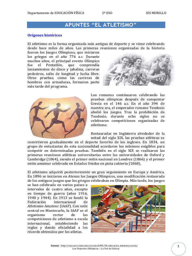 Historia y pruebas del atletismo | PDF | Deporte del atletismo | Atletismo