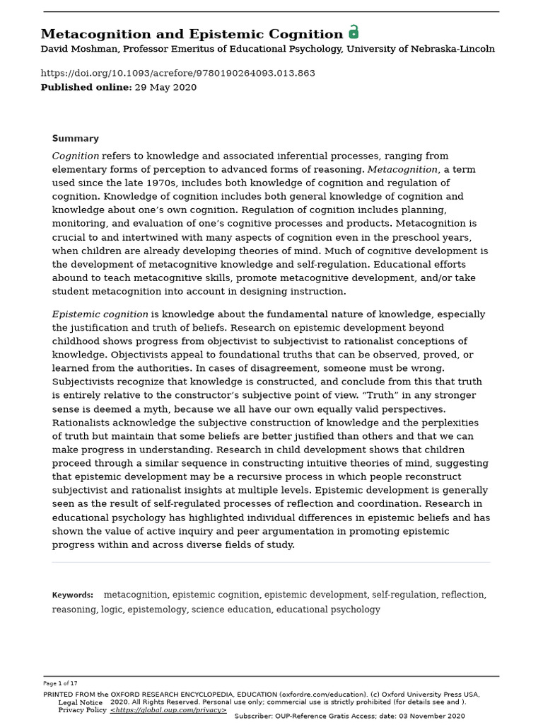 Metacognition and Epistemic Cognition - David Moshman | PDF ...