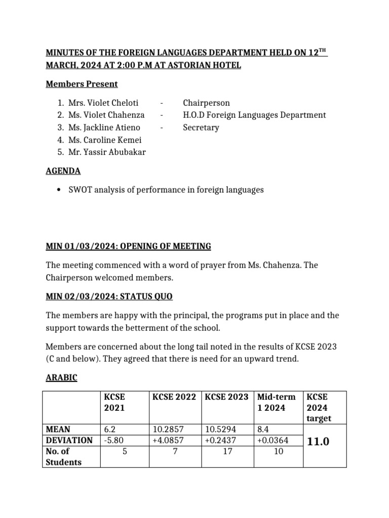 Foreign Languages Department Meeting Minutes | PDF | Foreign Language ...