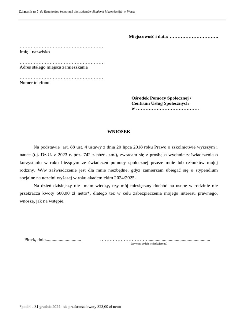 UPLOAD Zalacznik 7 Wniosek Do MOPS 8420 | PDF
