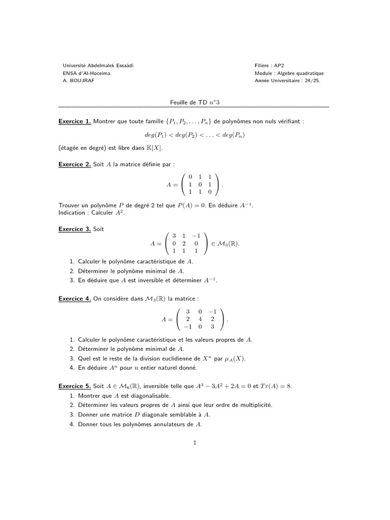 Algèbre Quadratique : Exercices et Solutions | PDF | Algèbre générale ...