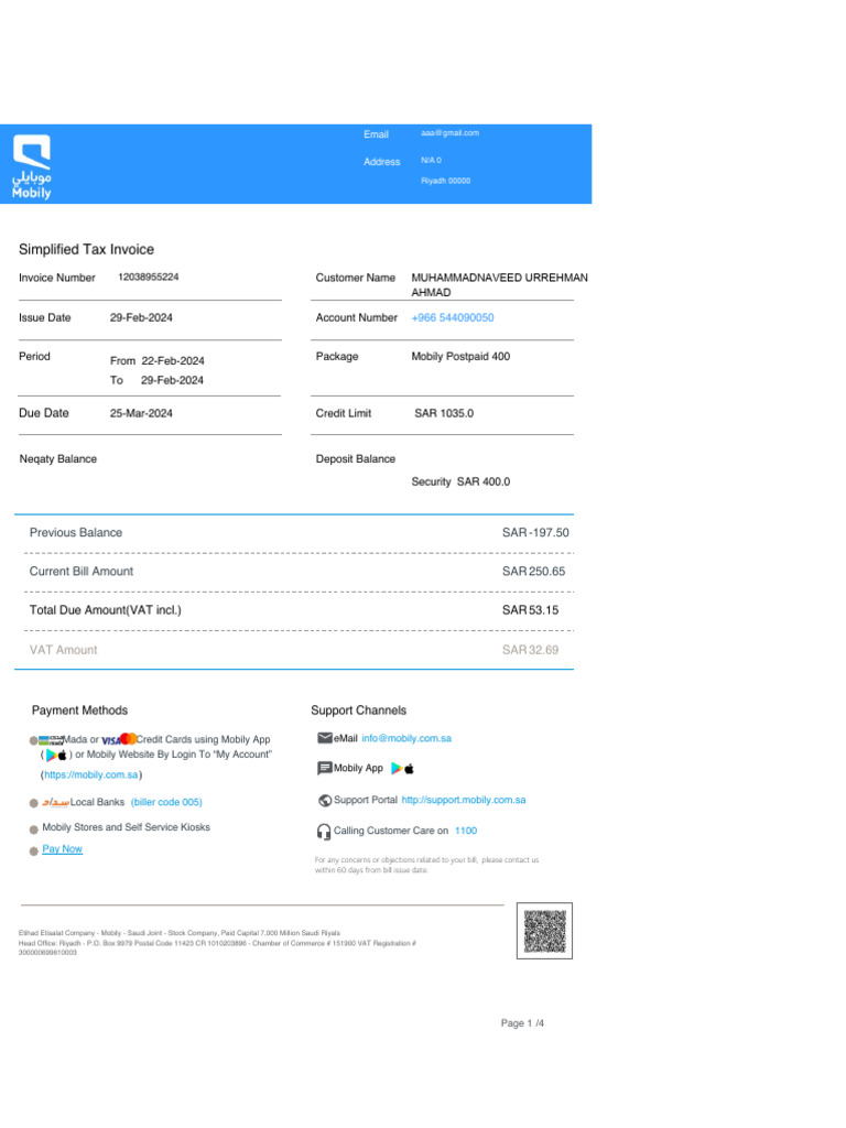 Mobily Postpaid Invoice Summary | PDF | Value Added Tax | Service ...