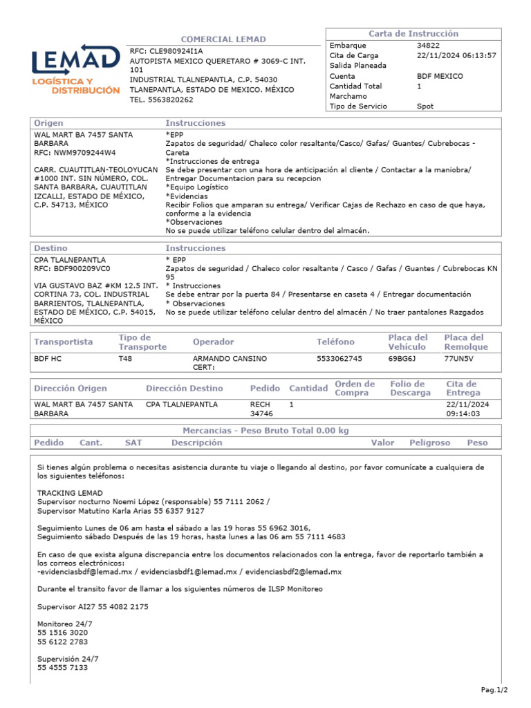 Carta Instruccion - Embarque 34822 | PDF
