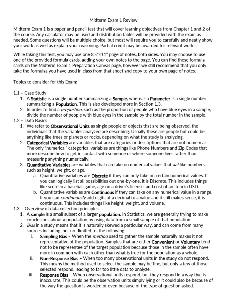 Midterm Exam 1 Review Guide | PDF | P Value | Sampling (Statistics)