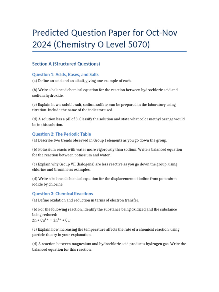 Predicted QP Oct Nov 2024 Chemistry O Level | PDF | Chemical Reactions ...