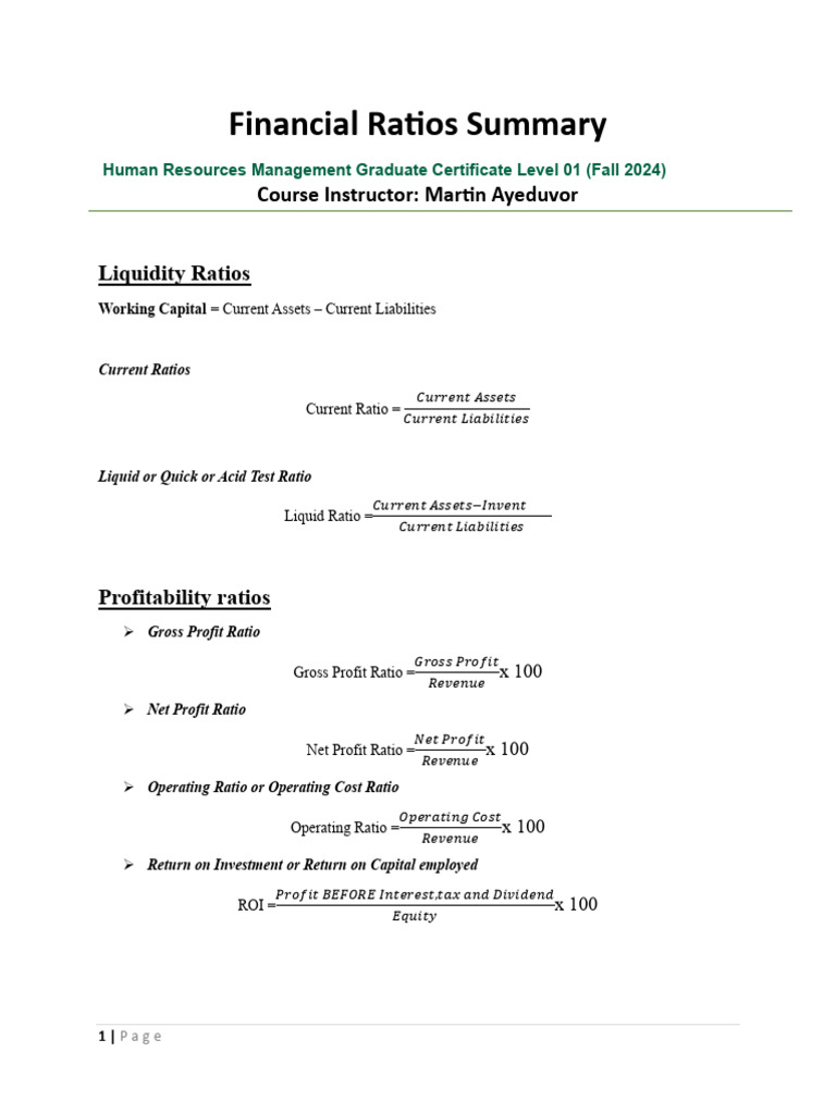 Financial Ratios Overview for HRM Certificate | PDF | Finance & Money ...