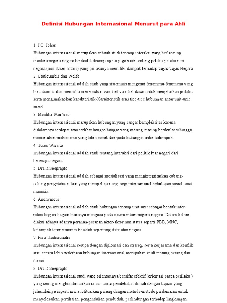 Definisi Hubungan Internasional Menurut Para Ahli
