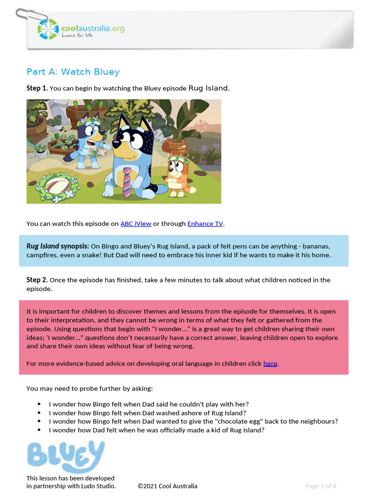 21 - Bluey Rug Island Curiosity Early Learning-Teacher Worksheet | PDF