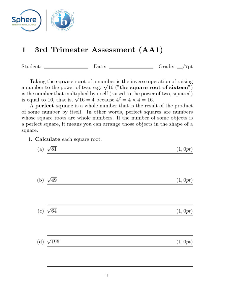 1 3rd Trimester Assessment (AA1) : Square Root The Square Root of ...