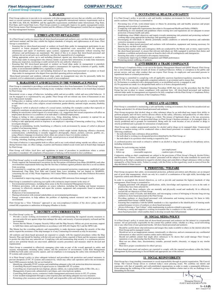 FLEET CompanyPolicy | PDF | Harassment | Occupational Safety And Health