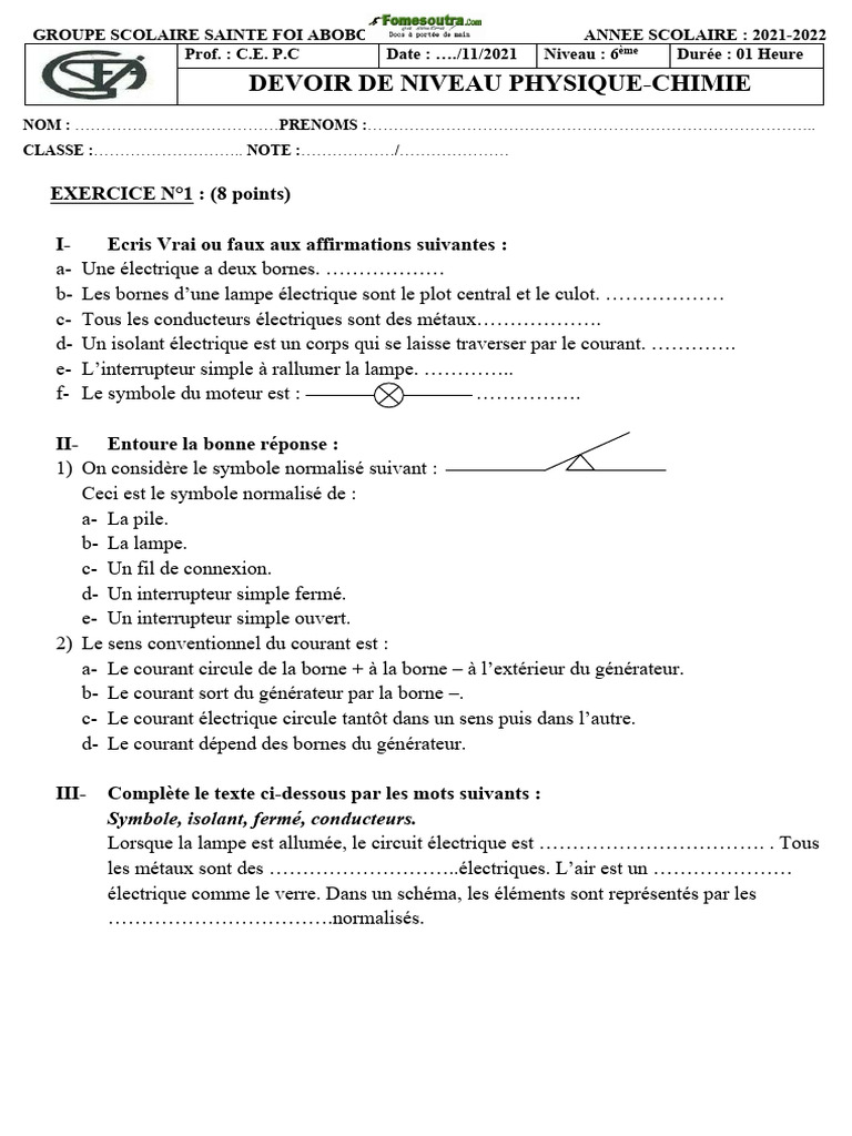 DEVOIR de Physique Chimie | PDF