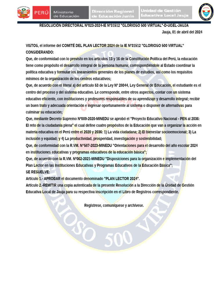 Plan Lector 2024 GLORIOSO 500 | PDF | Educación primaria | Plan de estudios
