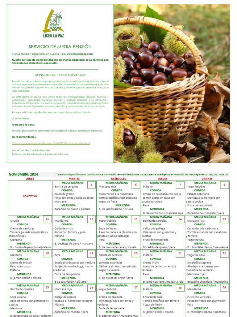 Menú de Media Pensión y Consejos Nutricionales | PDF | Alimentos ...