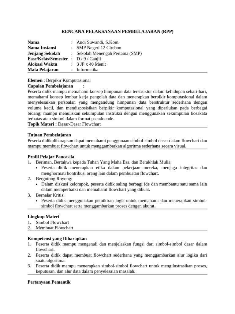 RPP Flowchart untuk Pembelajaran Informatika | PDF | Metode & Bahan ...