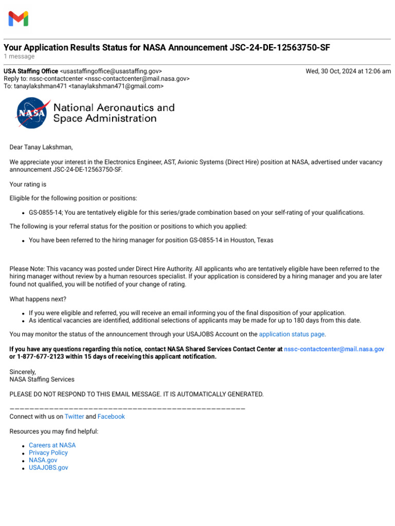 Gmail - Your Application Results Status For NASA Announcement JSC-24-DE ...