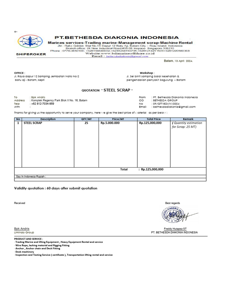 Steel Scrap Quotation Batam 2024 | PDF | Manufactured Goods