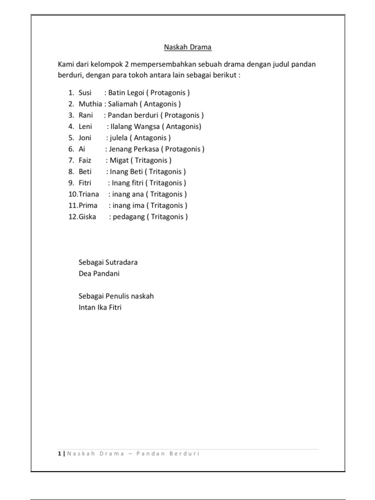 Naskah Drama Putri Pandan Berduri