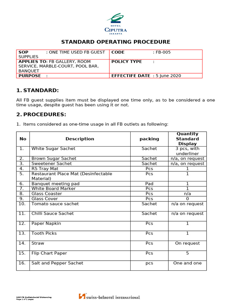 SOP HCJ Using FB Gust Supplies Only One Time | PDF | Cuisine | Foods