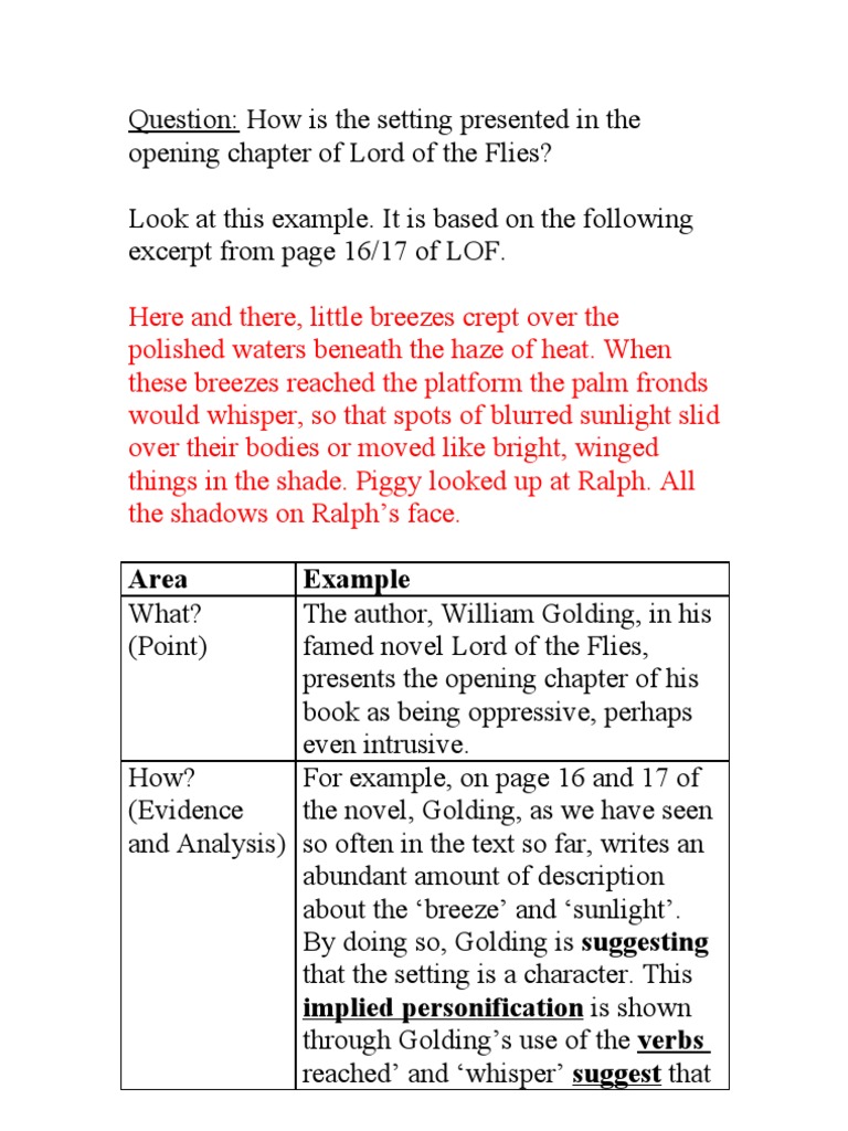 Lord of The Flies, Analysis Table, Chapter One | PDF