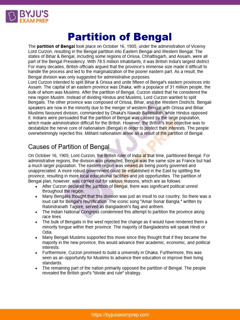Overview of the 1905 Bengal Partition | PDF | Partition Of India | Bengal
