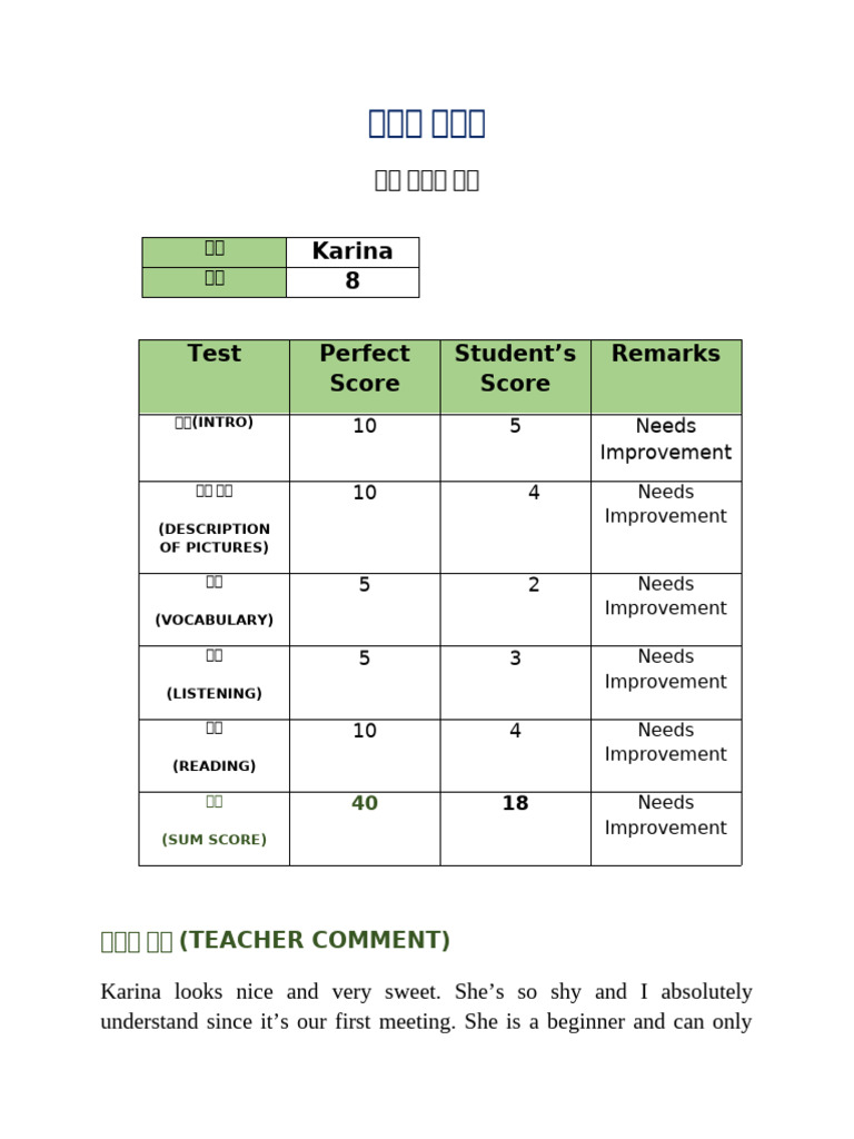 Karina Language Scoring | PDF